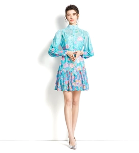 Detail of high collar and button front on light blue floral print lantern sleeve dress