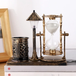 Retro lighthouse hourglass nightlight with pen holder for desk decor and stationery storage