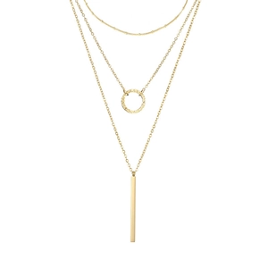 Three-layer gold stainless steel necklace with geometric round and bar-shaped pendants