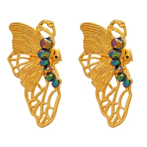Vintage style gold butterfly earrings with colorful faceted beads and hollow wings
