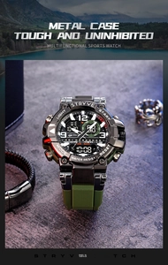 Detailed macro view of 50M waterproof metal case and dual display on sports watch