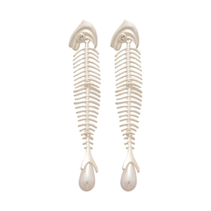 Elegant silver fishbone earrings with zircon eye and white teardrop pearl accents
