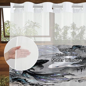 Sheer window curtain with ink koi fish print and metal grommets for home bathroom decor