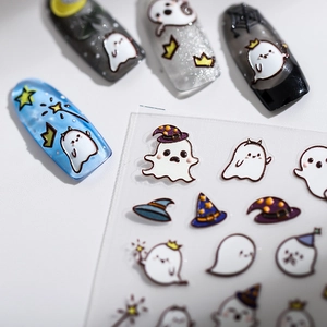 5D Halloween nail stickers with cute white ghosts, wizard hats and golden stars