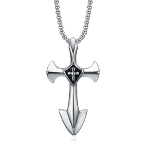 Stainless Steel Cross Pendant Necklace For Men Polished Shield Arrowhead Pattern Gothic Biker Style Jewelry