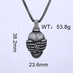 Detail showing dimensions of vintage skull pendant with hands covering eyes in silver steel