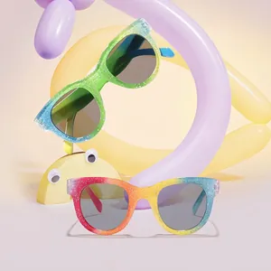 Glitter round frame children sunglasses with rainbow gradient finish and UV protection