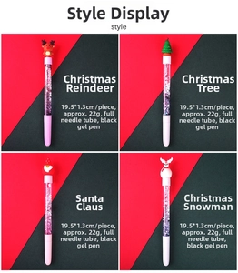 Close-up of Christmas gel pens featuring Santa, reindeer, and snowman cartoon characters