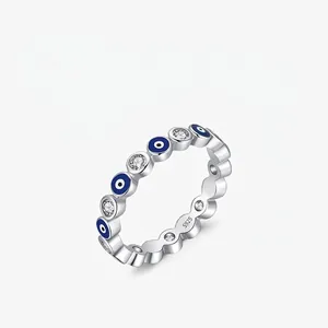 925 Sterling Silver Evil Eye Ring For Women Blue Enamel Cubic Zirconia Eternity Band Sparkling Minimalist Jewelry Gift