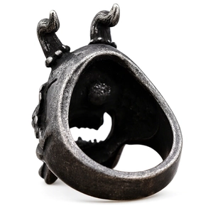 Gothic heavy metal devil horn skull ring with vintage oxidized stainless steel finish
