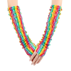 Rainbow mesh long fingerless gloves with hollow out elastic fishnet design for parties