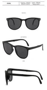 Detailed views of matte black foldable sunglasses with grey lenses from three angles