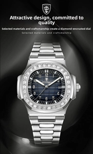 Close-up of luxury men's watch with blue textured dial and diamond-set bezel detail
