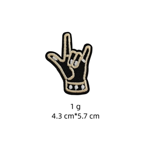 Detail of hand gesture embroidery patch with dimensions 4.3x5.7cm on white background