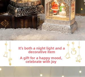 Close-up of retro Christmas lanterns with Santa and snowman inside warm glowing scenes