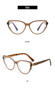 Front and 45-degree views of tea-colored cat-eye glasses with tortoiseshell temples