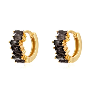 Detail of gold ear cuff earrings with rectangular black cubic zirconia stones