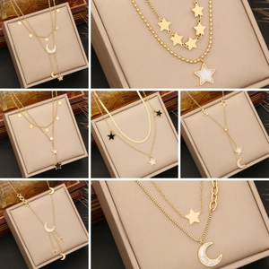 Double Layer Star Moon Necklace Stainless Steel Gold Plated Shell Zircon Celestial Multi Layer Clavicle Chain For Women