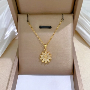 Elegant Gold Daisy Flower Pendant Necklace For Women Stainless Steel Chain Micro Pave Zircon Luxury Jewelry