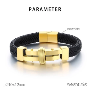 Detail view of woven cowhide leather men's bracelet with gold buckle and size info
