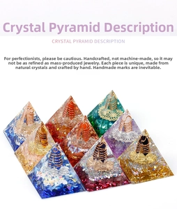 Top view of nine handmade resin crystal pyramids with amethyst and copper coils
