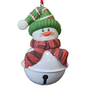 Creative snowman Christmas tree ornament with knitted hat and metal bell decoration