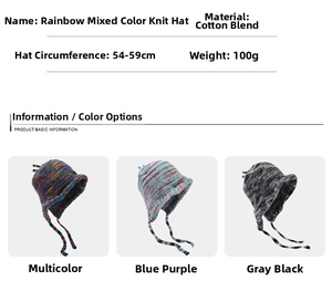 Detail view of colorful cotton blend knit hats with sizing 54-59cm and weight 100g