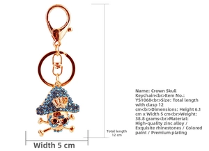 Detailed size specifications for the gold crown skull keychain with blue rhinestones