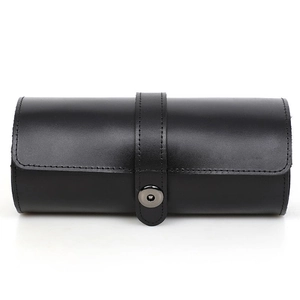 Classic black crazy horse leather watch roll organizer with three slots and snap button