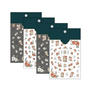 Vintage rose and handwriting adhesive nail art stickers set with 4 retro floral designs