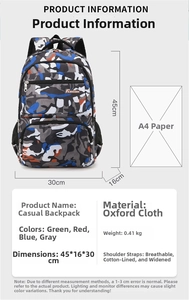 Detailed dimensions of camo oxford backpack with breathable straps, 45x16x30cm size chart