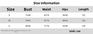 Size chart detail for off-shoulder slit dress with bust, waist, and hip measurements in cm