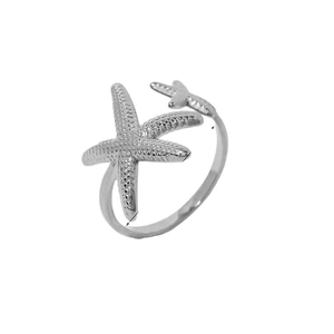 Anello regolabile in argento con due stelle marine e dettagli in rilievo strutturato
