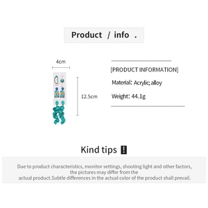 Detail view of 6-piece turquoise acrylic earring set with size and material information