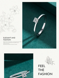 Macro detail of 925 sterling silver solitaire ring with a sparkling round-cut moissanite