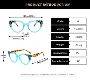 Detailed size specifications for cat-eye TR90 frames with dimensions and weight info