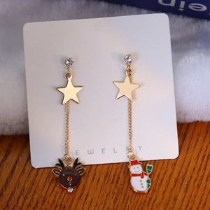 Detailed macro view of asymmetric Christmas earrings featuring a reindeer and snowman