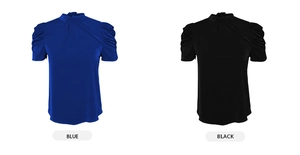 Flat lay view of short sleeve puff shoulder blouses in blue and black velvet fabric