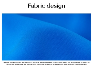 Detailed macro view of blue textured woven fabric with clear English care instructions