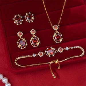 Elegant Necklace Earrings Bracelet 18K Gold Plated Copper Red Oval Zircon Butterfly Design Silver Earring Post For Women