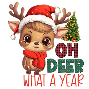 Christmas wall decal featuring a cartoon reindeer and tree with 'OH DEER' festive text