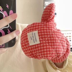 Quilted berry red plaid winter gloves for women with decorative ears and cotton padding