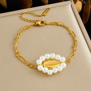 Minimalist stainless steel gold chain bracelet featuring a pearl-rimmed center oval pendant
