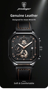 Detail of Poedagar square men's watch with rose gold hands and black leather strap