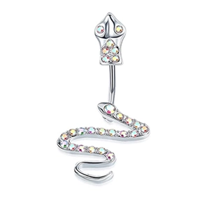 Macro detail of silver snake belly ring featuring sparkling colorful AB rhinestones