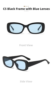 Detail of square sunglasses with black frames, blue lenses and woven texture temples
