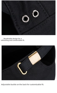 Detailed view of the metal eyelets and adjustable back strap on the black cotton hat