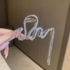 Close-up of silver metal snake hair claw clip with full rhinestones and long tassel
