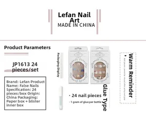 Detail view of 24pcs long press-on nails set with blue floral and pink French designs