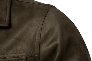 Detail of premium suede jacket showing reinforced double-stitching and soft texture